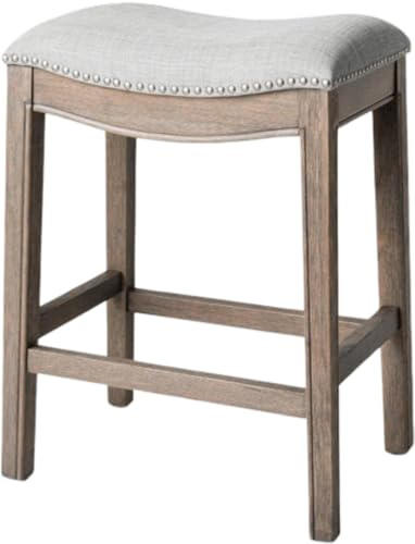 Maven Lane Adrien 66 cm Counter Height Upholstered Backless Saddle Barstool in Reclaimed Oak Finish with Ash Grey Fabric Cushion Seat, Hand-applied nail heads