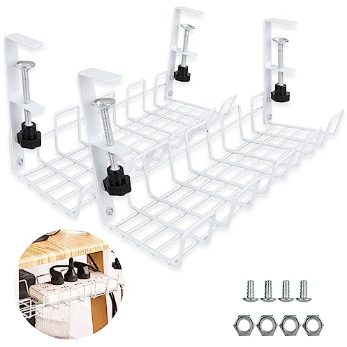 YAYODS 2 Pack Under Desk Cable Management Tray, No Drill Desk Cable Organisers, Sturdy Metal White Cable Tidy Basket for Desk, Wire Organiser Shelf for Office, Home & Standing Desk