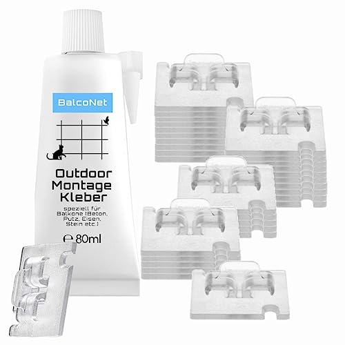 80 Klebehaken farblos + 60ml außen Montagekleber, Katzennetz für Balkon, Katzennetz ohne Bohren, Fensterschutz Katze, Befestigung Katzennetz, Balkonnetz Katzen