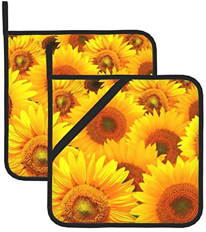 Set di 2 presine resistenti al calore con tasca per cottura in cucina, forno, forno a microonde (20,5 x 20,5 cm), girasole giallo