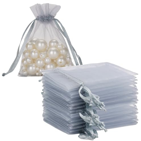 G2PLUS Silver Grey Organza Gift Pouches 7x9 cm: Small Favor Bags, 50 PCS