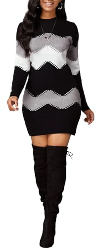 COSKTIARL Womens Dress Knitted Jumper - Autumn Winter Women Fashion Black Print Slim Knitted Dress Female Long-Sleeve O-Neck Elegant Bodycon Package Hips Mini Dresses