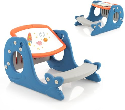 DREAMADE 4 in 1 Kinder Staffelei mit Stuhl, multifunktionale Kinderstaffelei mit Wendbare Tischplatte, Whiteboard & Bücherregal, Kindertisch Aktivitätstisch Zeichentisch für Kinder ab 1 Jahre