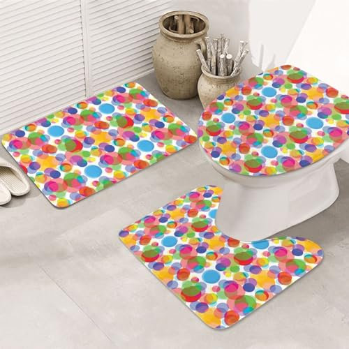 Set 3 Teilig Badvorleger Buntes Kreismuster Bade-Matte + Kontur + Wc-Deckelabdeckung Langlebige Dekorative Badgarnitur Badematten, Für Wc-Sitz Bezug, Badezimmer