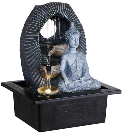 BTGGG Indoor Water Fountain Stone Buddha Tabletop Water Feature with LED Light Candle 21 * 17.5 * 25CM Feng shui Meditation Zen Fountain for Relaxing Indoor Decoration, 3 Pin UK Plug Included