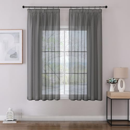 Joydeco 2er Set H145 x B140 cm Grau Transparente Kurz Schien Gardinen Sheer Voile Vorhänge für Schienensystem mit Kräuselband Vorhang Polyester Durchlässig Curtains Modern Schlafzimmer Wohnzimmer