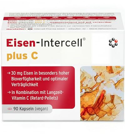 Eisen + C Intercell (90 Kapseln) - mit 30mg Eisen+ hochdosiert und 160mg Vitamin C (8h Retard-Effekt) - besonders hohe Bioverfügbarkeit durch spezielle Aminosäureverbindung - im Schutzblister