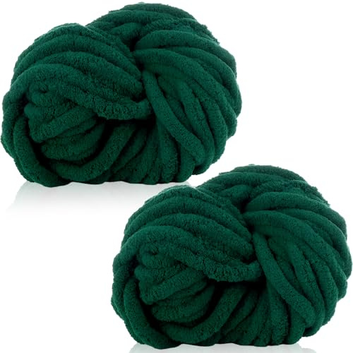 Duscdesp 2 stycken tjockt ullgarn 2 x 250 g chenille chunky ull, mjuk armstickningsull för stickning och virkning XXL chenille ullgarn för filtar, kuddar, halsdukar, mössor (mörkgrön)