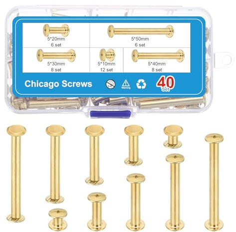 PATIKIL 80Sets Chicago Screws, M5 x 10/20/30/40/50mm Carbon Steel Chicago Screw Phillips Binding Post Screw Rivets for Leather Belt Scrapbook Gold