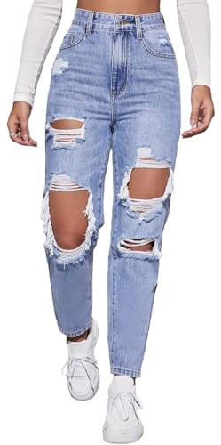 Jelove Women's High Waist Boyfriend Straight Leg Ripped Jeans Distressed Denim Pants (Blue, S)