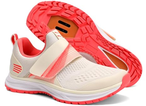 Pairobin Cycling Shoes Women's Indoor Cycling Shoes - Outdoor Cycling Shoes Comfortable and Breathable - Compatible with SPD Cleats Beige-Pink
