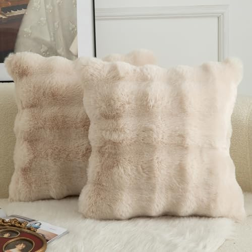 Mandioo 2er Set Luxus Dekorativ dicken Woll Kissenbezug Super Soft Wave Blase Plüschwolle werfen Kissenbezüge Zierkissenbezüge Sofakissen Schlafzimmer Kissenhülle für Sofa 40x40cm Beige