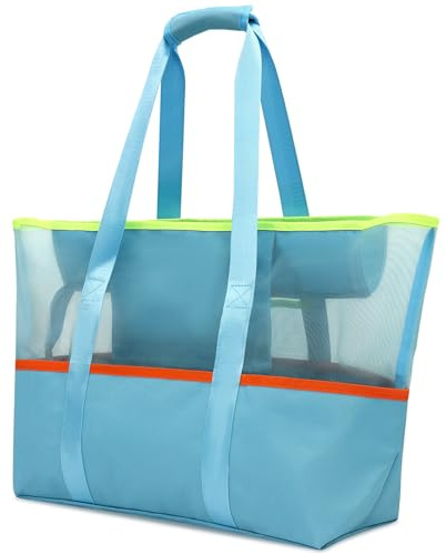 INYEEXUP Strandtasche XXL Familie 50x35x20cm, Mesh & Canvas Strandtasche mit Reißverschluss und 6 Taschen, Große Damen Shopper für Strand Reisen Einkaufen Alltag