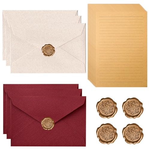 Aweisile Vintage Briefpapier mit Umschlag Set mit 6 Leinenumschlag Umschläge, 10 A5 Briefpapier Vintage Papier, 6 Wachssiegel-Aufkleber, Vintage-Papier Umschläge für Hochzeits Einladung Grußkarten