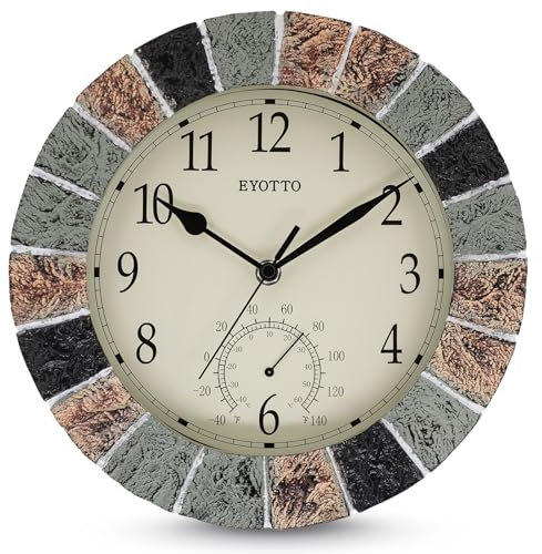eYotto 10 Inch Indoor/Outdoor Waterproof Wall Clock with Thermometer Silent Non-Ticking Battery Operated Wall Clocks Weatherproof for Patio, Pool, Garden, Lanai, Fence, Porch, Deck, Bathroom