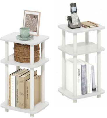 Furinno JUST Beistelltisch-Set, 2er-Set, 3-stöckiger Turn-N-Tube-Beistelltisch mit offenem Regal, Abgerundeter Eck-Nachttisch, einfache Montage, für Wohnzimmer und Schlafzimmer, Weiß