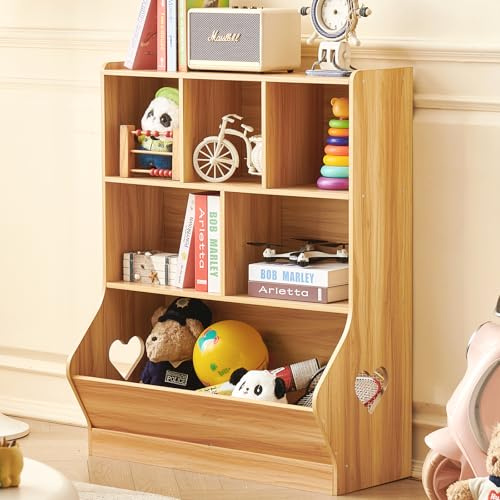 LELELINKY Kinder Bücherregal mit 6 Ablagefächer, Groß Natürlich Kinderregal Büchergestell für Kinde, Holz kinderbücherregal Spielzeug-Organizer für Kinderzimmer, Kindergarten, Wohnzimmer