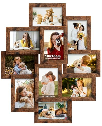 Tinkeps Bilderrahmen Collage in Braun, 10 Stück 10x15 cm Fotorahmen | 10er Set 10x15 cm Fotorahmen Collage für 10 Bilder, Mehrfachbilderrahmen, Wandmontage Hoch & Quer