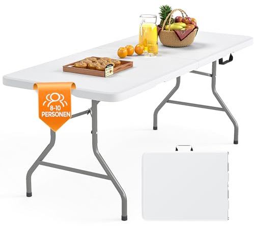Asdsed Gartentisch Klappbar 180x74cm Campingtisch Wetterfest Tragbar Platzsparen Stabil Klapptisch Picknicktische Balkontisch für Garten Terrasse und Balkon, weiß