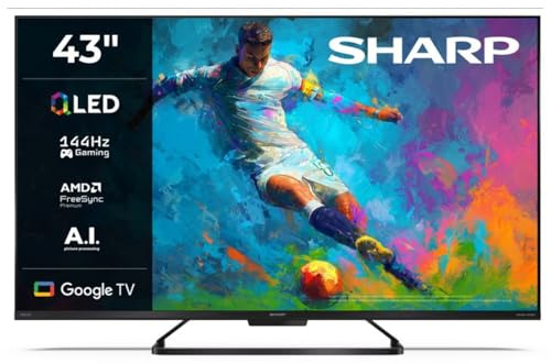 SHARP 43HR7365E – Google TV, 43 UHD, Rahmenlos, 144 Hz, QLED HDR10, Dolby Vision HDR, Google Assistant mit Mikrofon, Chromecast, Bluetooth, Dolby Atmos 2x10 W, HDMI 2.1 x4, USBx2, Farbe Schwarz