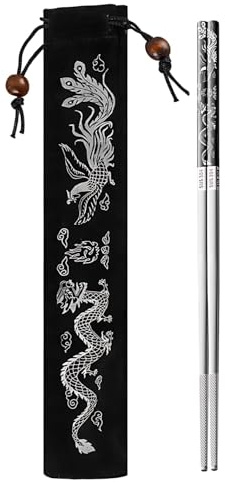 BOSREROY Essstäbchen aus Metall, 304 Edelstahl, wiederverwendbar, mit Kordelzugbeutel, schwarze Essstäbchen, 23,5 cm Muster, Drache, schwarz, Restaurant, für den Außenbereich und Zuhause