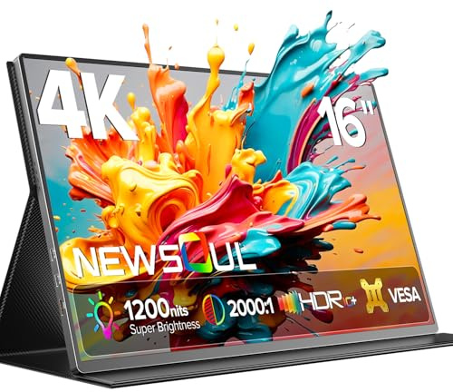 Newsoul Écran Portable 4K 16 Pouces UHD 1200 nits HDR, Moniteur Portable 4K IPS 3840x2400, Contraste 2000:1, 145% sRGB, Écrans Portable avec HDMI/USB-C pour Laptop/MacBook/Xbox/PS5/4