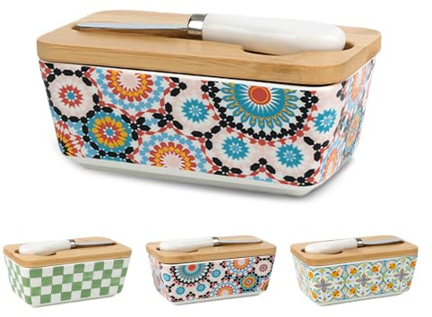 Butter Dish with Lid, 5.8 Large Butter Dish for Countertop, Ceramic Butter Keeper Container with Knife and High-Quality Silicone Sealing Butter Box for Home Decor Kitchen Gifts (Boho 1)