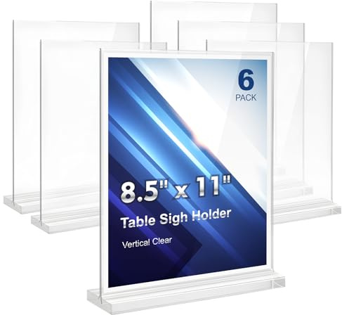 Comix Clear Acrylic Sign Holder 8.5x11 Inches, 6 Pack Double Sided Display Stand Plastic Table Paper Stand, Vertical Menu Flyer Holder for Restaurants, Store, Office
