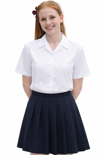 L S U White School Shirt Short Sleeve Open Neck - Girls Button Down Blouse Revere Collar Kids Uniform Shirts (16-17 Y, White)