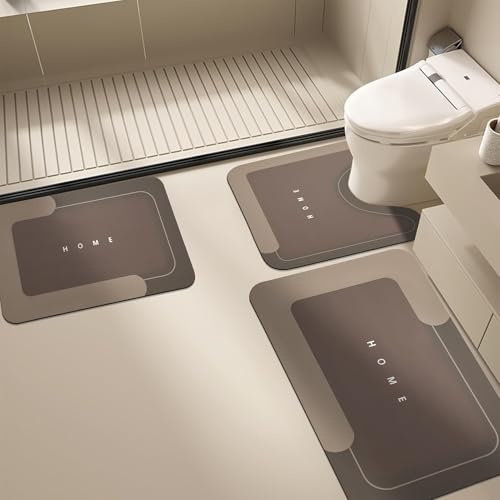 Jyswx 3-Piece Diatomite Bath Mat Set – Quick Dry Cooling Stone Bathroom Mats, Non Slip Absorbent Bath Rug Set with U-Shaped Toilet Mat, Khaki, 50x80+50x60U+40x60cm