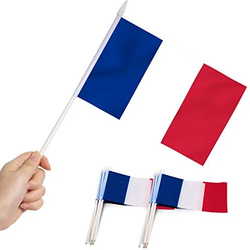 Anley Französisch 5x8 Zoll Handgehaltene Mini-Flagge mit 12 weißem, festem Mast - Frankreich Stick Flagge, lebendige Farbe und lichtecht - 5.5 x 8 Zoll Handgehaltene Stick Flaggen mit Speerspitze