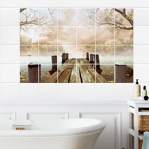 GRAZDesign Fliesenaufkleber Bad Klebefliesen See Steg Natur Braun Fliesenbild selbstklebend - 20x25cm / Bild: 90x60cm (BxH)