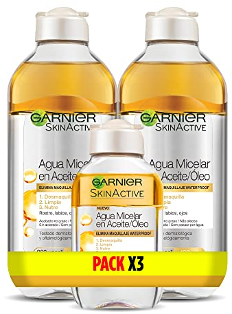 Garnier Skin Active Agua Micelar en Aceite, Elimina el Maquillaje de Larga Duración y Waterproof, Desmaquilla, Limpia y Nutre Labios, Ojos y Rostro, Pack 2x400ml +1 x100ml