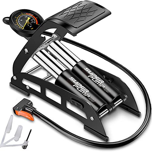 Bike Foot Pump with Accurate Pressure Gauge & Smart Valve, Portable Dual-Cylinder Floor Air Tire Pump for Bicycle, Motorcycle, Car, Ball And Other Inflatable,200PSI