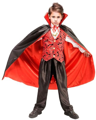 VKI, Costumi da Vampiro Set per Bambini con Mantello, Top, Pantaloni, Cravatta, Costume Cosplay da Vampiro per Carnevale Halloween, 10~12 anni, 140~150 cm