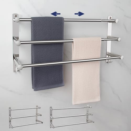 Handtuchhalter Bad Ausziehbar 50-90CM Edelstahl Glänzend Handtuchstange Wand 3 Stangen mit Haken SUS304 Badetuchhalter Wandmontage für Badezimmer Küche Toilette (3 Stöckig)
