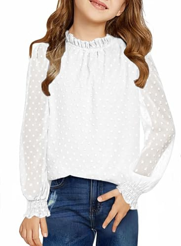 Arshiner Niñas Camiseta de Manga Larga Gasa Niño Puntos Cuello Arrugado Camiseta Elegante Otoño Invierno Manga Larga para Niñas 11-12 años Blanco