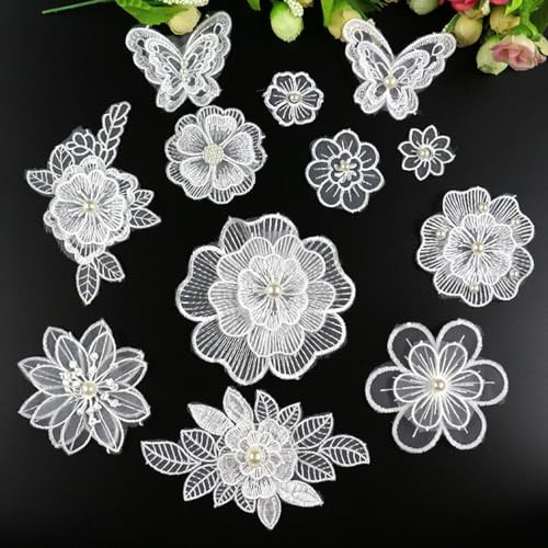 Anevous 12 Stück Weiß Spitze Patches Schmetterling Blumen, Stickerei Applikation Schmetterlings Aufnäher zum Aufnähen Flicken Reparatur Lace Applique für Dekorieren DIY Basteln, Kleidung,Gemischt
