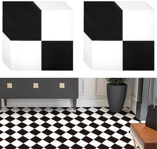 AHAQU 20PCS Floor Tiles Self Adhesive Covers 19.3 ft²/1.8 m², 30x30cm/12x12in Vinyl Floor Tiles, Waterproof Peel and Stick Floor Tiles for Bathroom, Kitchen, Bedroom, Living Room- Black and White
