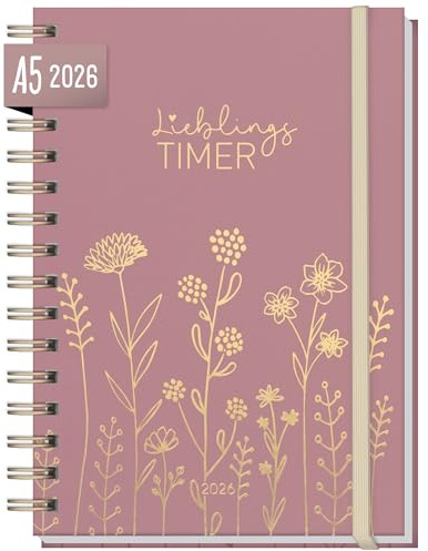 Häfft® Lieblings-Timer Kalender 2026 A5 Fine Flowers rosé | Hardcover Terminplaner, Spiralkalender, Terminkalender, Wochenplaner, Ringbuch Planner