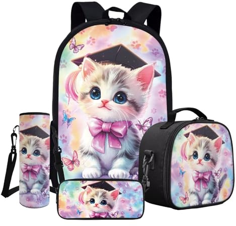 ASQVTIFE 43 cm skolboksväska set 4 delar ryggsäckar isolerad lunchlåda lätt barn ledig ryggsäck, Katt fjäril, En storlek passar alla, ledig