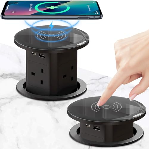 Pop Up Socket with 15W Wireless Charging - 4 AC Outlets, 1 USB Port, and 1 x 20W Type-C Port for Kitchen and Workspace, Overload Protection, Safe Power Solution [UK 13A / 110-250V / 3250W ] (Black)