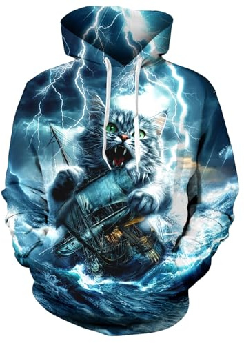 ALISISTER Unisex huvtröja kvinnor män 3D-tryck huvtröja långärmad pullover tröjor med fickor M-XXL, blixt katt, XXL