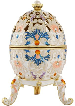 QIFU 6.5‘’ H Big White Easter Egg Style Vintage Hand Painted Enamel Trinket Box, Unique Gift for Family(QF5053W)