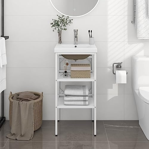 Ordellia Mobiletto da bagno con lavandino, in ferro verniciato a polvere, 40 x 38 x 83 cm, lavabo da incasso in ceramica con troppopieno, mobile da bagno per ospiti, WC e lavanderia