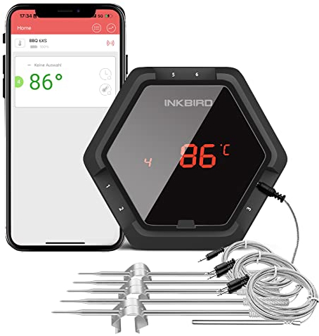 INKBIRD Termometro per Griglia Bluetooth da 150 Piedi IBT-6XS con Magnete, Batteria Li 1000mAh e Cavo di Ricarica USB, Timer e Sonde 6 Sonde Termometri per Barbecue per Cottura Digitale