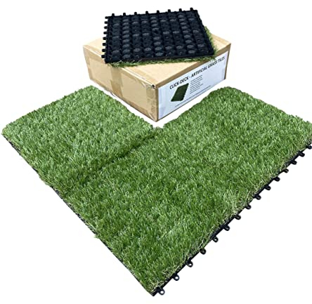 CLICK-DECK Composite Decking Tiles 30x30cm Interlocking Outdoor Deck Tiles | Patio, Balcony, Roof Terrace & Hot Tub | Easy Installation | Low Maintenance (18 Tiles, Artificial Grass)