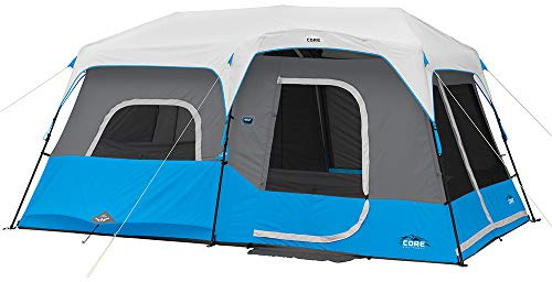 CORE Instant Cabin-tält för 9 personer med LED-lampor | Upplyst pop-up campingtält med enkel 2 minuters lägerinstallation | Bärbar stor familjestuga tält för flera rum för camping