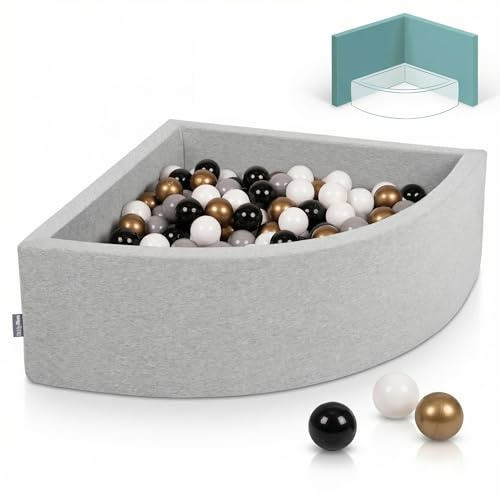 KiddyMoon Eckiges Viertel Bällebad 90x30 cm mit 200 Bälle 7 cm Schaumstoff Bällepool für Baby und Kleinkinder - Hellgrau: Weiß Grau Schwarz Gold
