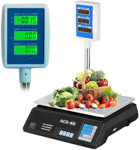 BAKAJI Bilancia Digitale Elettronica Industriale Pesa Alimenti Professionale Capacità Max 40Kg 3 Display LCD Retroilluminati Fronte Retro per Peso Prezzo unitario e Totale Attività Commerciale